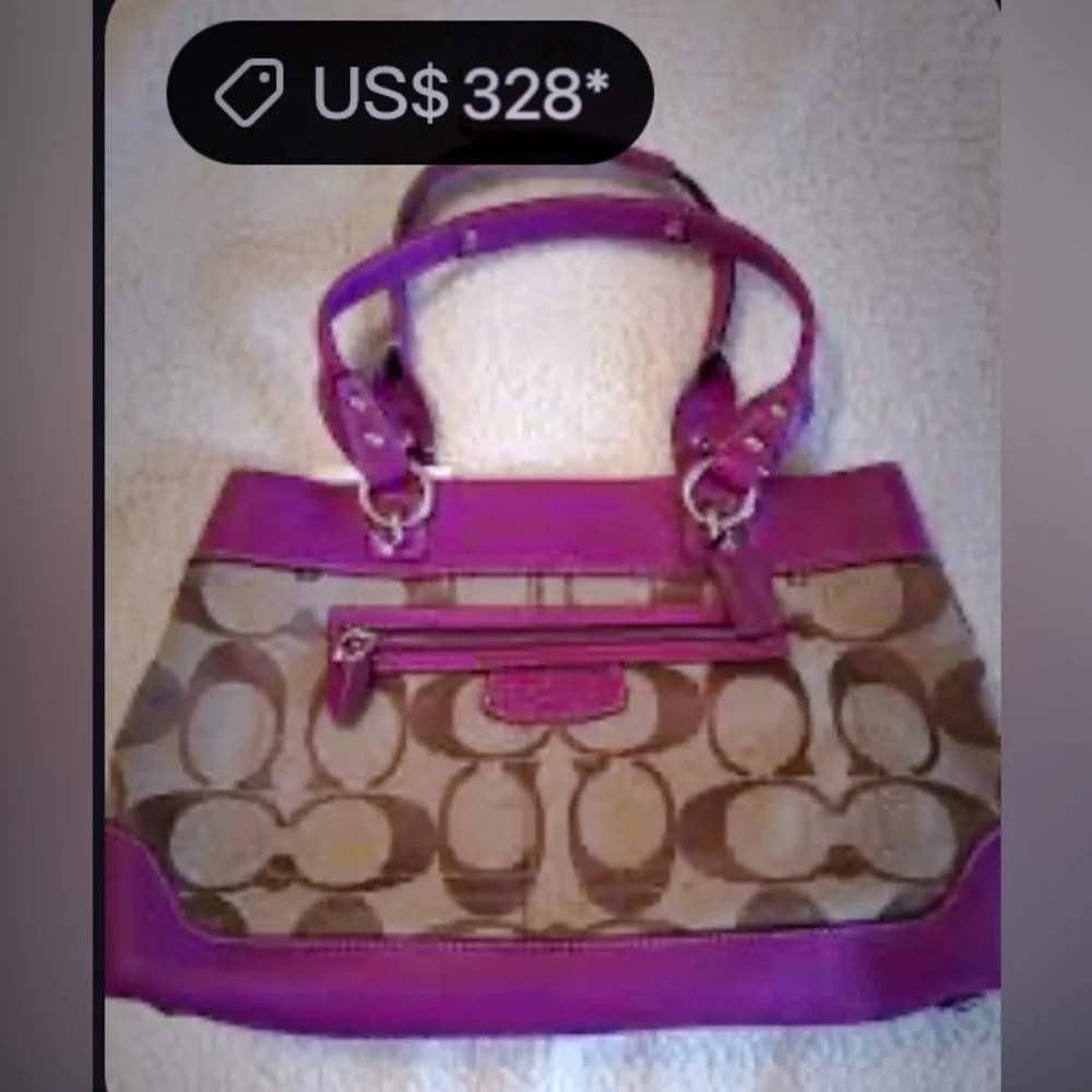 Vintage Coach purple Pink leather and Tan Signature Tote Bag shoulder bag 2009 - Picture 3 of 17